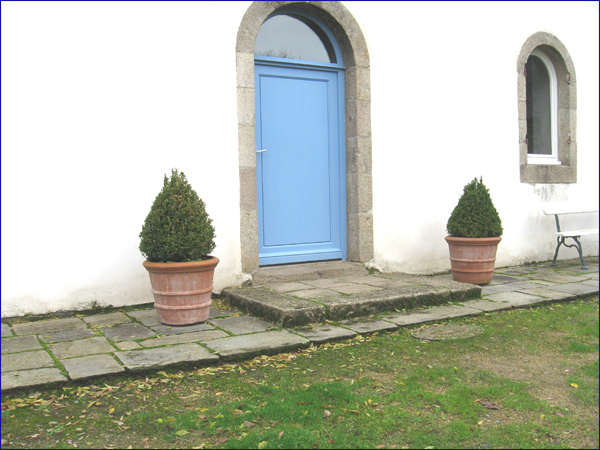 potées de buis devant l'entrée